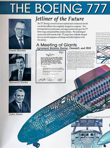 Стенд в Музее авиации в Сиэтле, посвященный историческому соглашению между Boeing, Dassault Systèmes и IBM о создании Boeing 777 — первого в мире самолета, полностью спроектированного на компьютере 46-02.jpg THE MUSEUM OF FLIGHT 2