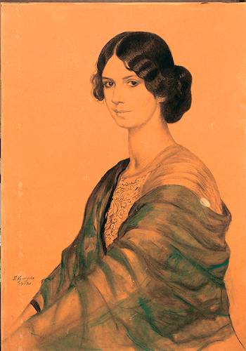 Портрет М. И. Ершовой, в замужестве Тарлецкой. 1912. Бумага на картоне, графитный карандаш, уголь, аква- рель, белила. Частное собрание 54-03.jpg 