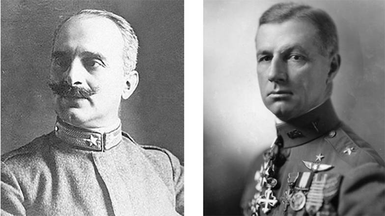  Слева направо: Джулио Дуэ, итальянский генерал и военный теоретик, 1869–1930; Уильям Митчелл, генерал армии США,  1879–1936