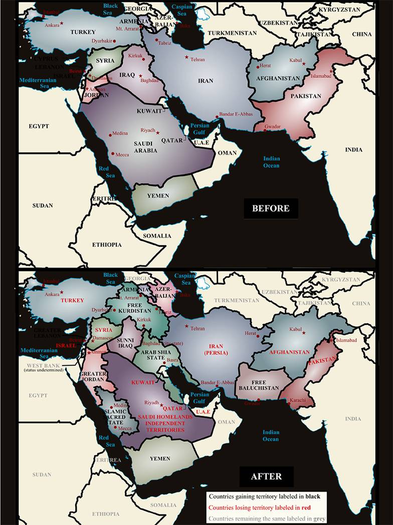 В нижней части — карта возможных границ стран Ближнего Востока, которую в июне 2006 года опубликовал отставной подполковник американской армии Ральф  Петерс. В верхней — актуальное состояние региона