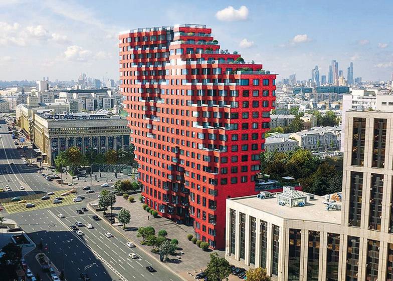  Жилой комплекс RED7, построенный на Садовом кольце по проекту голландского бюро MVRDW, — домскульптура с зигзагообразным силуэтом и сложно-изломанным фасадом, — наглядная иллюстрация нового  подхода к архитектуре