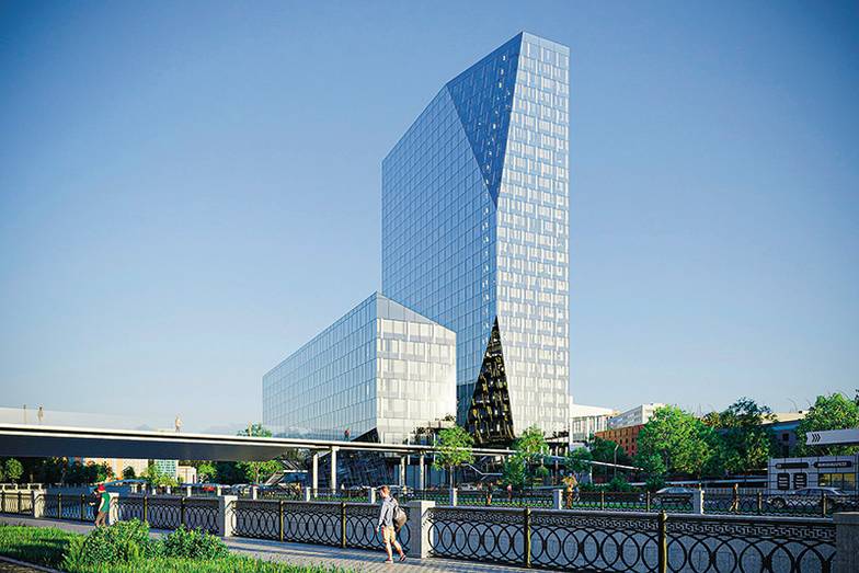  Новое общежитие для Бауманского университета представляет собой модифицированный параллелепипед: часть дома как бы срезают под углом, придавая сооружению вид кристалла