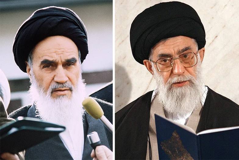 IMAGO IMAGES/SVEN SIMON. AP PHOTO/HASAN SARBAKHSHIAN Слева: Рухолла Хомейни, лидер Исламской революции 1979  года, высший руководитель Ирана с 1979 по 1989 год; справа: Али Хаменеи, верховный лидер Ирана с 1989 по  2026 год