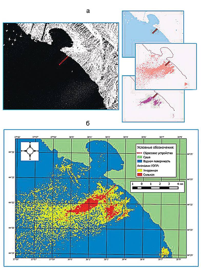 предоставленj Валерием Бондуром Проявления загрязнений, вызванных глубинными стоками, в прибрежную акваторию  у г. Геленджик, зарегистрированные по спутниковым радиолокационным данным