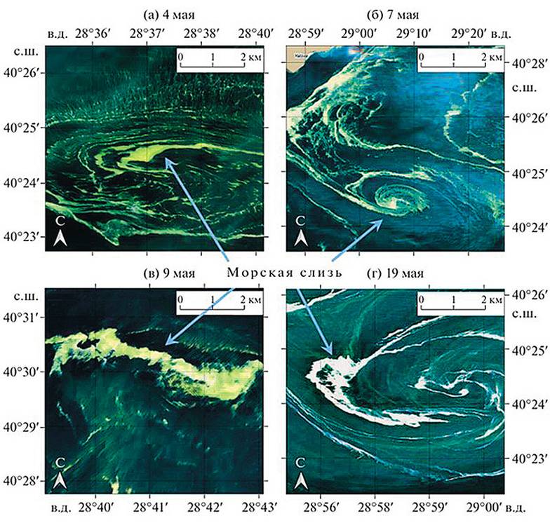 предоставленj Валерием Бондуром Пример того, что абсолютно чистых и безопасных морей не бывает.  На снимке: загрязнения Мраморного моря морской слизью, то есть чрезмерно разросшимся  из-за потепления и загрязнений воды фитопланктоном, в 2021 году, зарегистрированные  НИИ «Аэрокосмос» по спутниковым многоспектральным изображениям