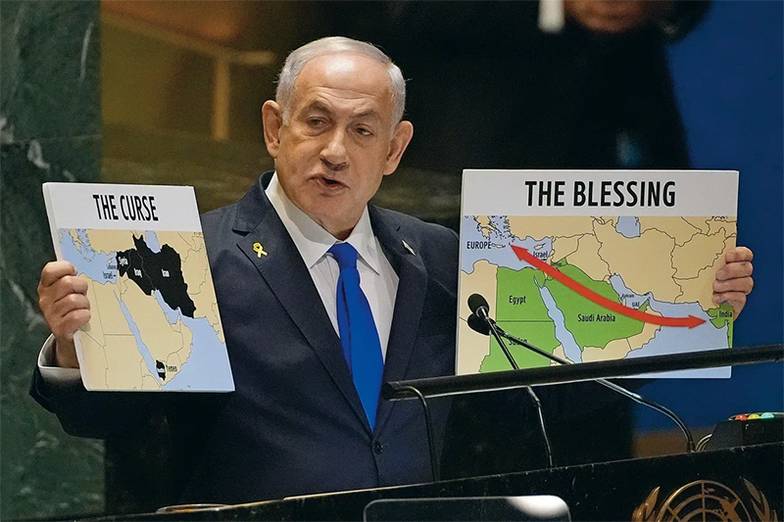 AP/TASS Премьер-министр Израиля Биньямин Нетаньяху во время выступления на общеполитических дебатах на Неделе высокого уровня 79-й сессии Генеральной ассамблеи ООН