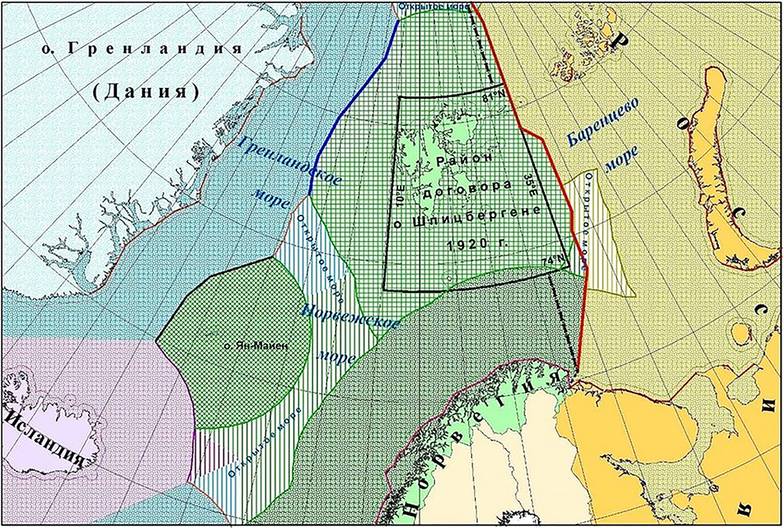  Морские пространства в районе Шпицбергена. На карте отмечен географический район действия Договора о Шпицбергене 1920 года: участок расположен между меридианами 10° и 35° восточной долготы и параллелями 74° и 81° северной широты