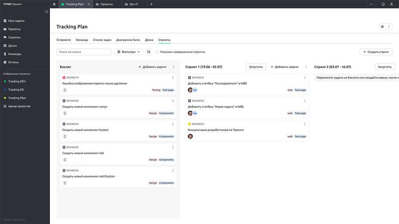  Спринт. Трекинг предоставляет возможность управлять спринтами - интервалами времени, на протяжении которых команда выполняет определенный объем работ. Доска спринтов помогает команде проекта организовывать работу и следить за прогрессом выполнения задач в рамках спринта. Скриншот решения ТУРБО Трекинг