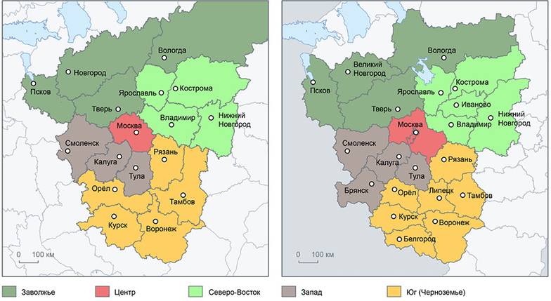  Деление ареала базовых диалектов русского языка на природно-исторические районы по регионам 1914 и 2021 гг. и распределение населения по  данным переписей