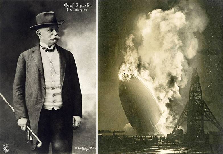 The Granger Collection, New York/ IMAGO/COLA IMAGES. Граф Цеппелин, немецкий инженер, посвятивший 50  лет жизни воплощению своей мечты о воздухоплава нии и отдавший на это все состояние. С его именем  связывают расцвет дирижаблестроения.  Катастрофа заправленного водородом дирижабля «Гинденбург» перевернула историю авиации