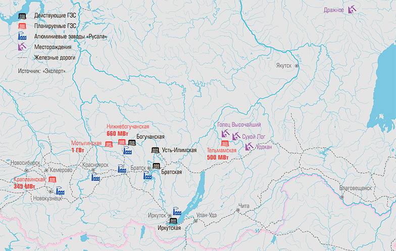  Расположение четырех ГЭС, которые могут быть построены En+ Group до 2030 года