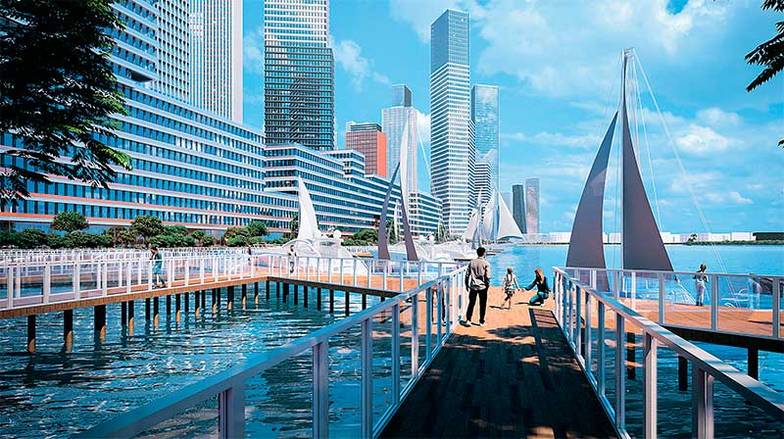  «Горизонтальный небоскреб» отделяет приватное пространство от общественного променада. В центре проекта — яхт-клуб