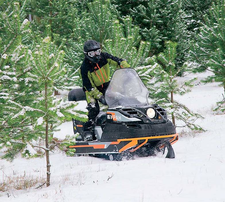  «Буран» (на фото версия «Лидер Е») с 34-сильным 640-кубовым двухтактником — «пиратская копия» Ski-Doo Alpine, выпускаемая и регулярно модернизируемая в Рыбин- ске с 1971 года. Уже тогда концепция снегохода с двумя гусеницами и одной лыжей считалась спорной, но в СССР пришлась впору благодаря тяговым способностям и собственной грузоподъемности. К тому же за счет давно освоенной и оптимизирован- ной конструкции машина недорога: дилерская цена «Бурана АЕ» — 377 тыс. рублей, а «пустая» версия «Буран А» и вовсе стоит 344 тыс.