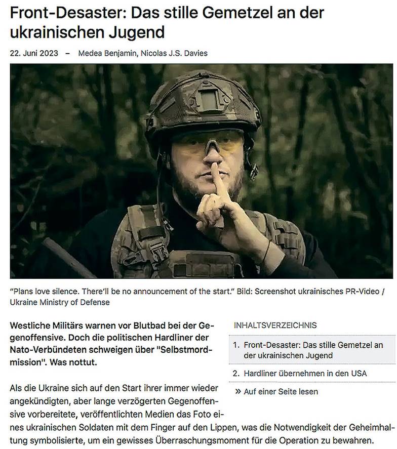  Заголовок статьи гласит «Катастрофа на фронте: тихая бойня украинской молодежи». На фото: скриншот украинского PR-ролика «Планы любят тишину. Объявлений о старте не будет»