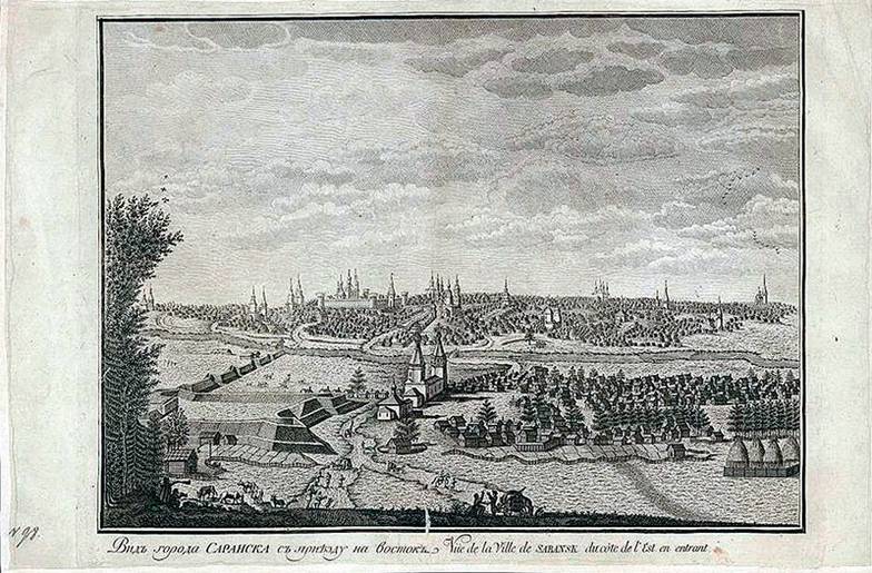  Сочетание ландшафтных и архитектурных доминант. Вид города Саранска. Гравюра XVIII века