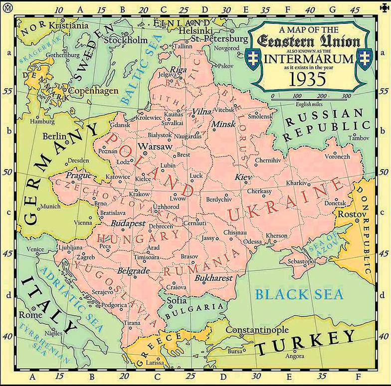  Поляки мечтают о таком варианте «Междуморья» уже к 1935 году, если бы в начале 1920-х удалось разрушить Советский Союз и восстановить Речь Посполитую в границах 1772 года (современная иллюстрация)